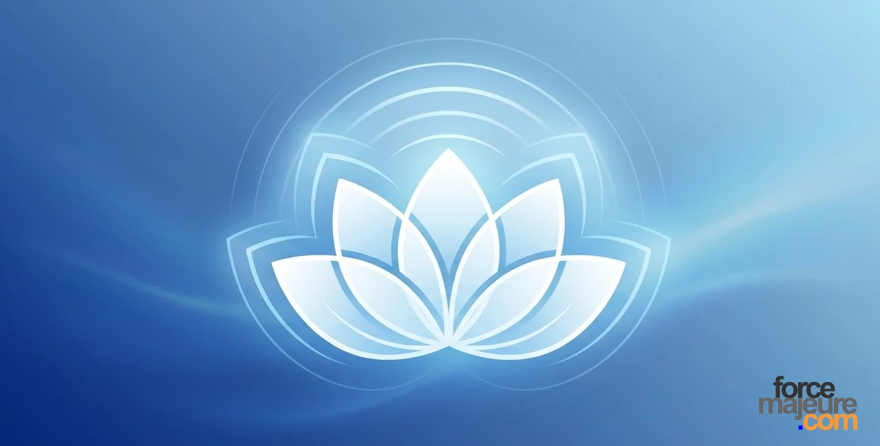 Illustration minimaliste d'un lotus blanc lumineux émettant des ondes de relaxation sur fond bleu dégradé.