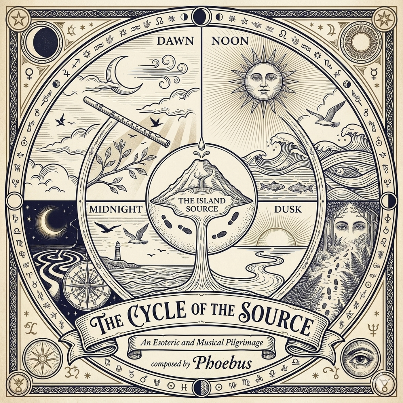 Illustration ésotérique de l'album Le Cycle de la Source par Phoebus, représentant les quatre phases de la journée : Dawn, Noon, Dusk et Midnight.