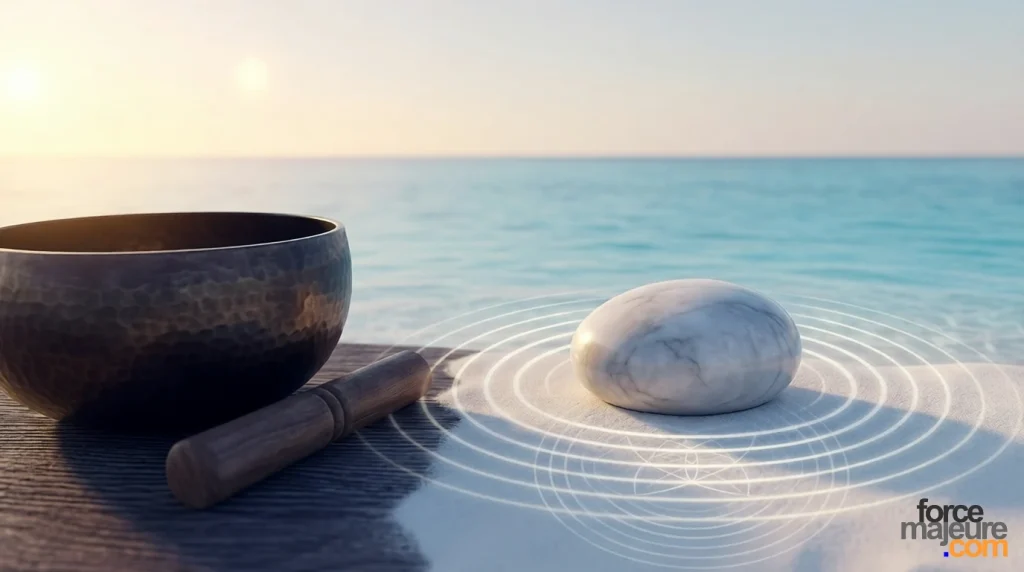 Illustration thérapeutique avec bol tibétain et ondes sonores lumineuses sur une plage, symbolisant les battements binauraux et la musique en 432 Hz pour la santé et le sommeil.