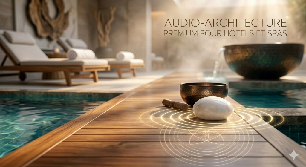 Ambiance sonore premium pour spa de luxe avec galet de marbre, ondes fréquentielles et bol tibétain au bord d'une piscine intérieure.