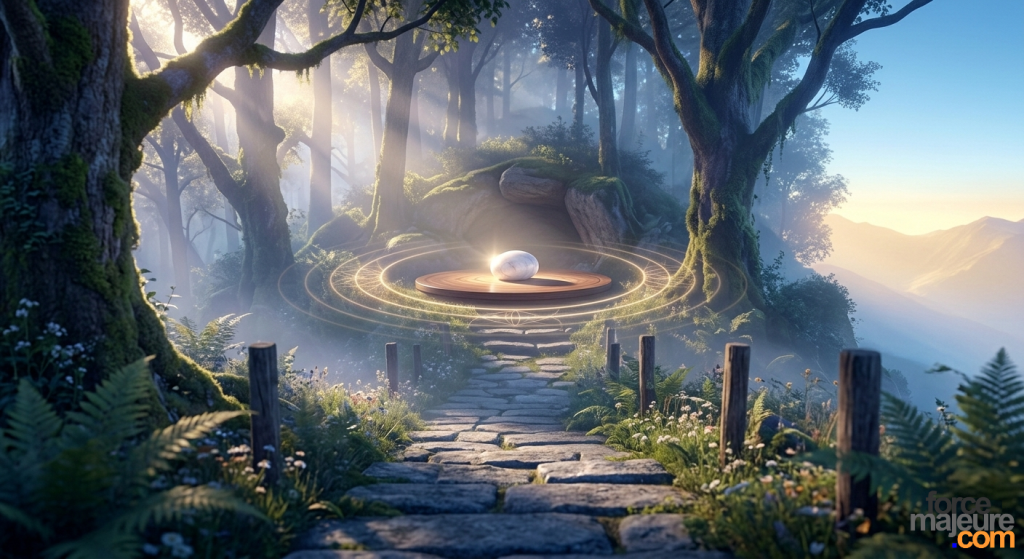 Sentier de pierres s'élevant dans une forêt brumeuse vers une plateforme lumineuse avec une pierre translucide, symbolisant le chemin vers la pleine conscience.