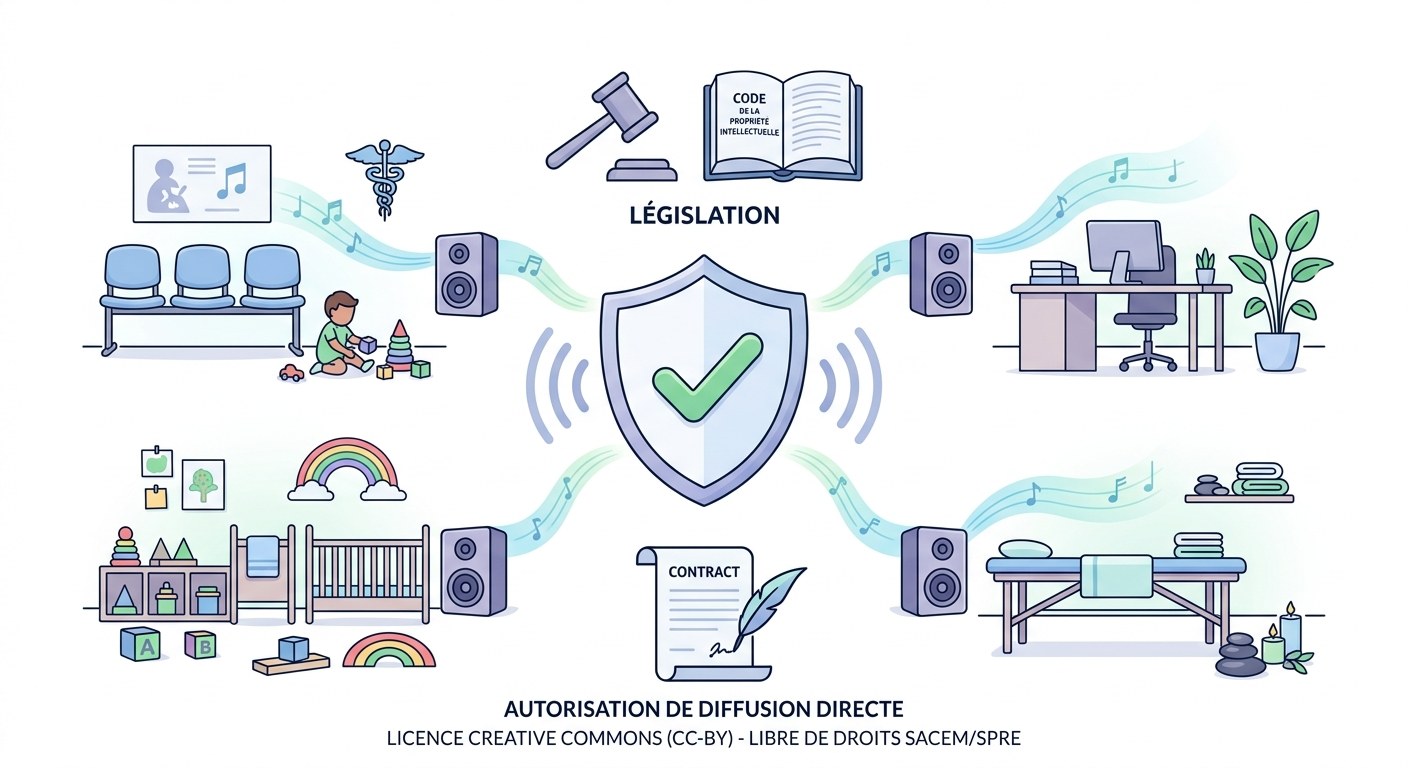 Illustration juridique sur la diffusion de musique en lieu public et conformité SACEM pour professionnels.