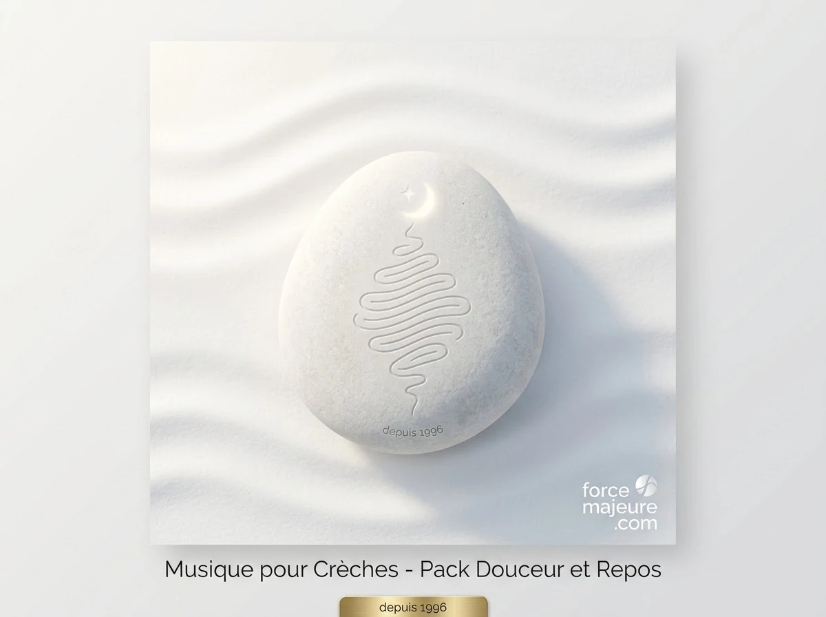 Galet blanc épuré avec une gravure délicate d'onde sonore en spirale et un symbole lunaire, posé sur un fond de sable blanc aux ondulations douces. Logo ForceMajeure.com.