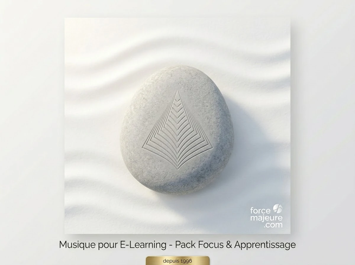 Galet zen gris avec une gravure géométrique en forme de pyramide stylisée, symbole de concentration et de structure mentale, posé sur un sable blanc pur avec des ondulations douces.