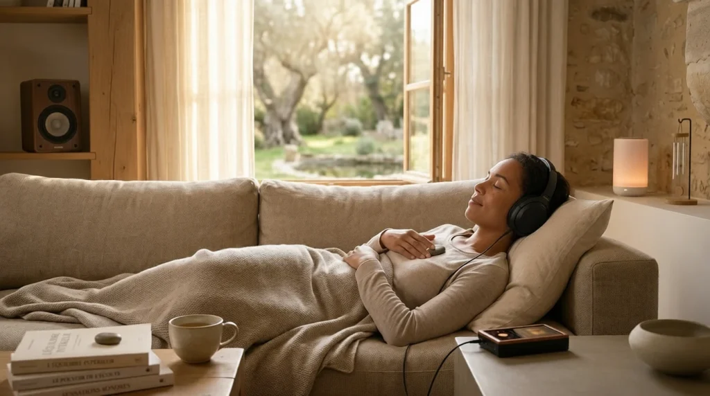 Une femme allongée confortablement sur un canapé, écoutant de la musique de relaxation avec un casque, dans un salon paisible ouvert sur un jardin ensoleillé.