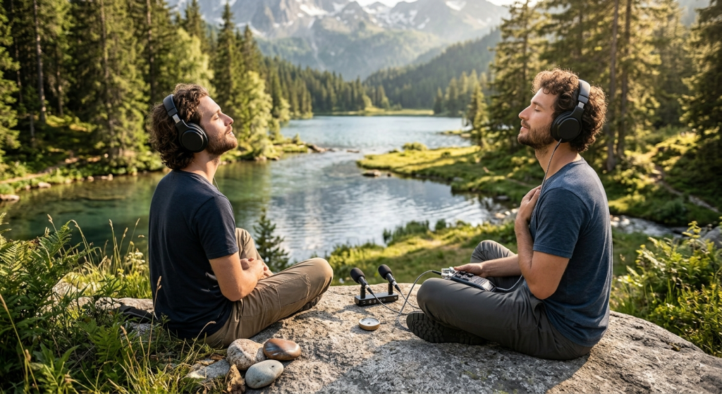 Two men listening to natural soundscapes with headphones and a field recorder in a serene mountain landscape.