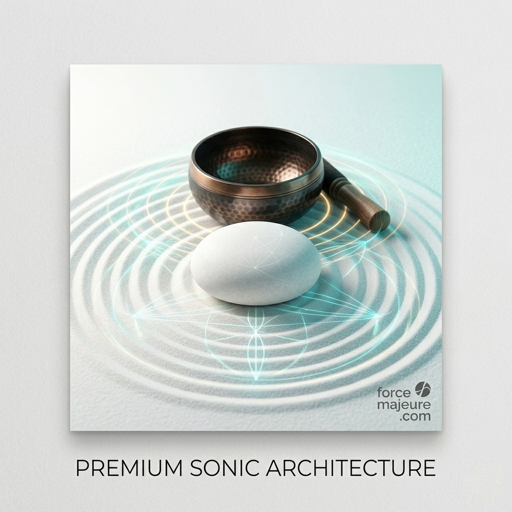 Zen illustration with Tibetan bowl and white stone emitting sound waves for the spa hotel music royalty free pack.