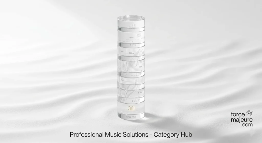 Minimalist vertical crystal pillar with fine laser-engraved sound frequencies, standing on soft white sand ripples. Professional branding for ForceMajeure.com.