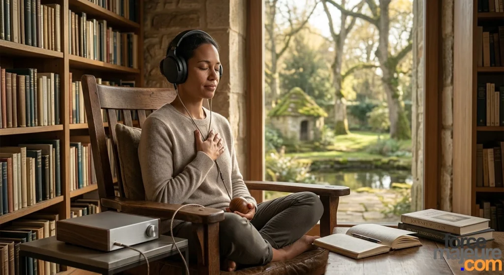 Une personne écoute une relaxation guidée avec un casque, la main sur le cœur, dans un environnement calme et sécurisant, pour une détente immédiate.