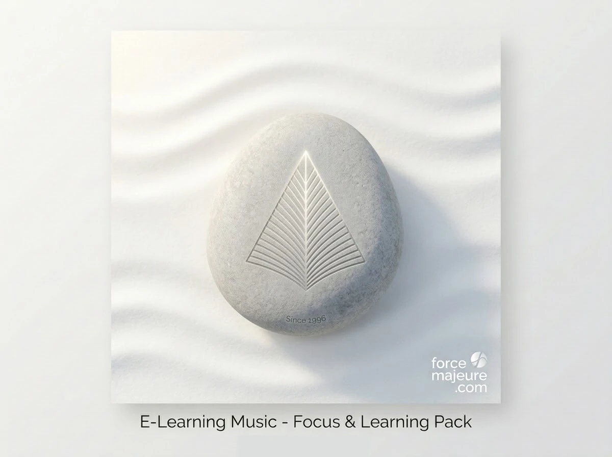 Grey minimalist zen stone with an engraved geometric pyramid pattern, symbolizing mental structure and focus, on a soft white sand background. ForceMajeure.com logo.