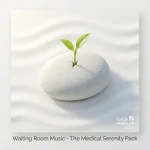 Minimalist zen stone with a small green sprout growing from the center, on a white sand background with soft ripples.