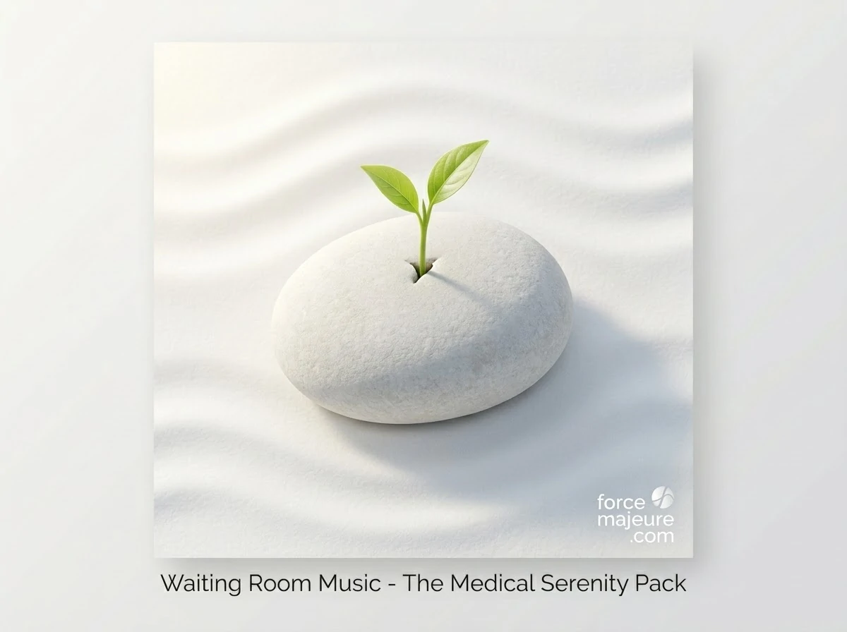 Minimalist zen stone with a small green sprout growing from the center, on a white sand background with soft ripples.