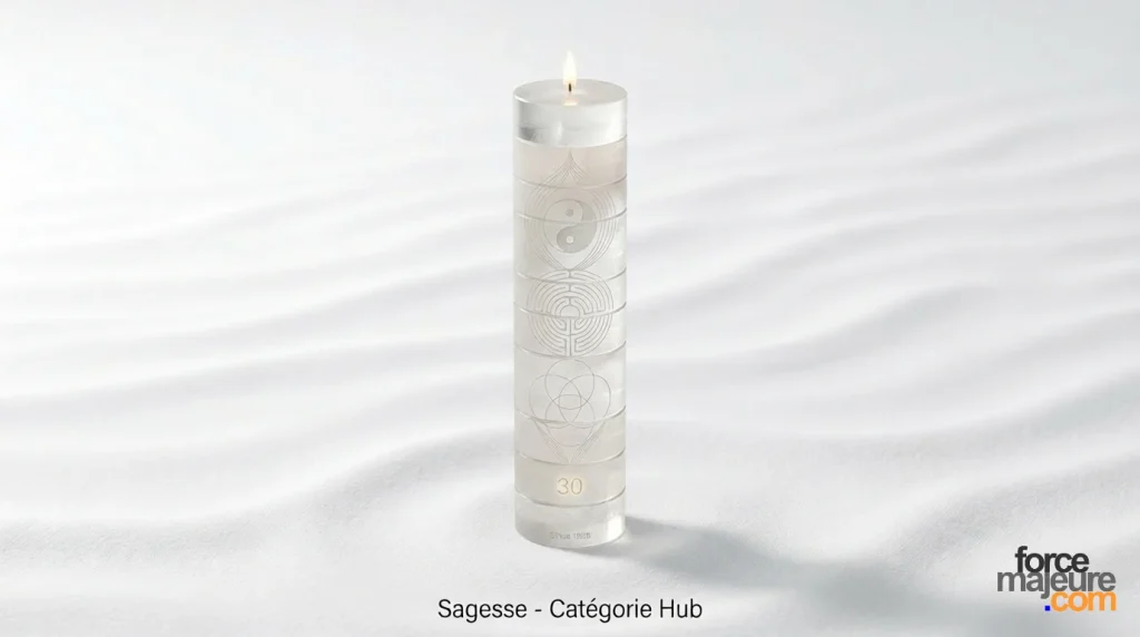 Pilier en cristal minimaliste avec fines gravures laser de symboles universels anciens, surmonté d'une petite flamme lumineuse, posé sur un fond de sable blanc aux ondulations douces. Logo ForceMajeure.com.
