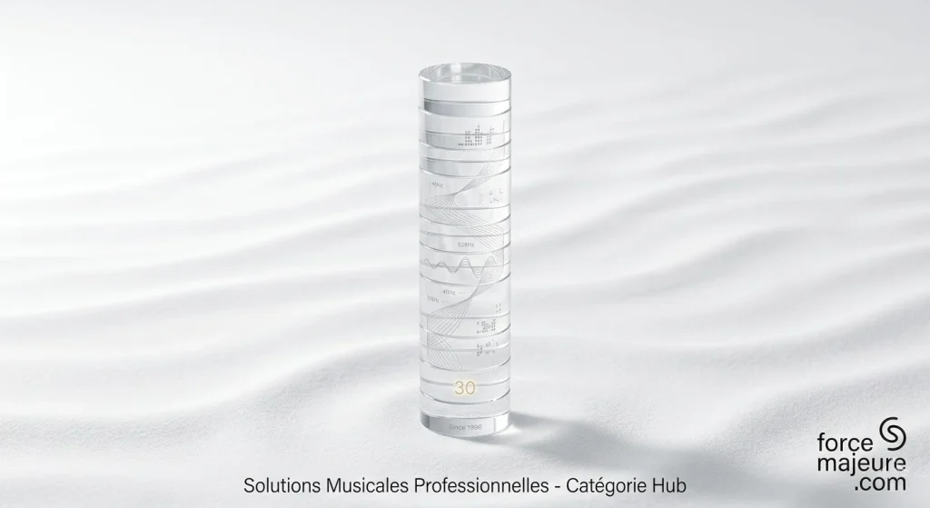 Pilier en cristal minimaliste avec fines gravures laser de fréquences sonores, posé sur un fond de sable blanc aux ondulations douces. Logo professionnel ForceMajeure.com.