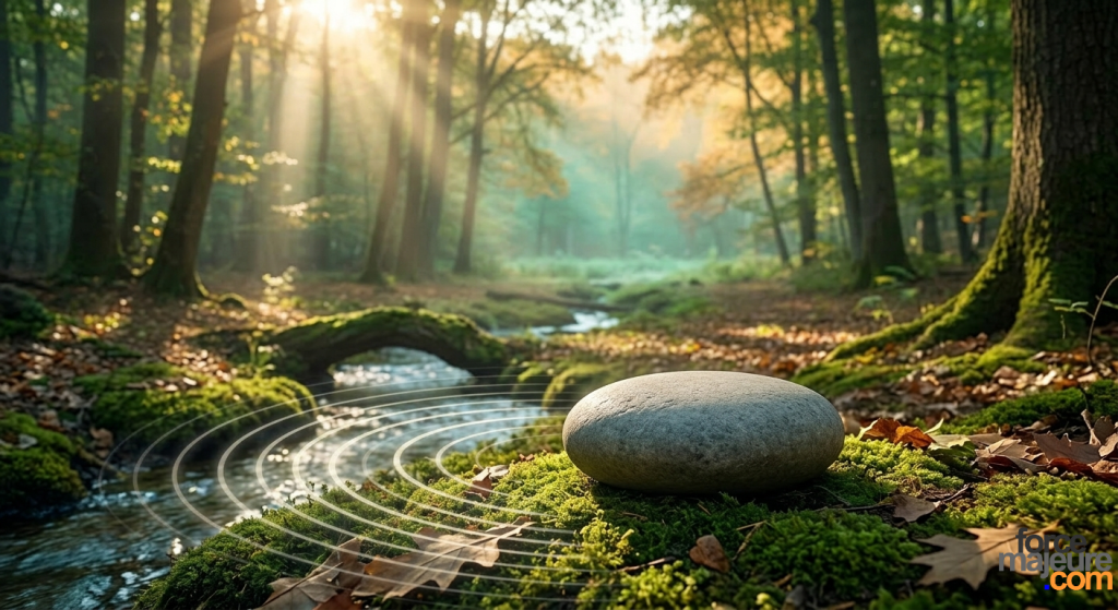 Illustration d'une pierre ancienne dans une clairière au lever du soleil, symbolisant l'utilisation thérapeutique des sons de la nature pour la relaxation.