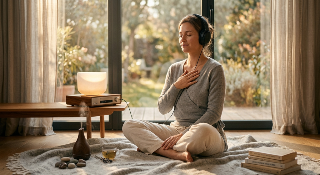Woman meditating and listening to therapeutic music for physical health and mental wellbeing.