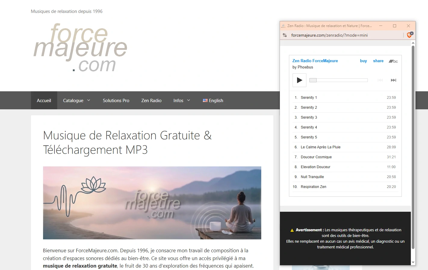 Capture d'écran du mode immersion ZenRadio : une fenêtre flottante minimaliste affichant le lecteur audio de relaxation ForceMajeure sur un bureau d'ordinateur.