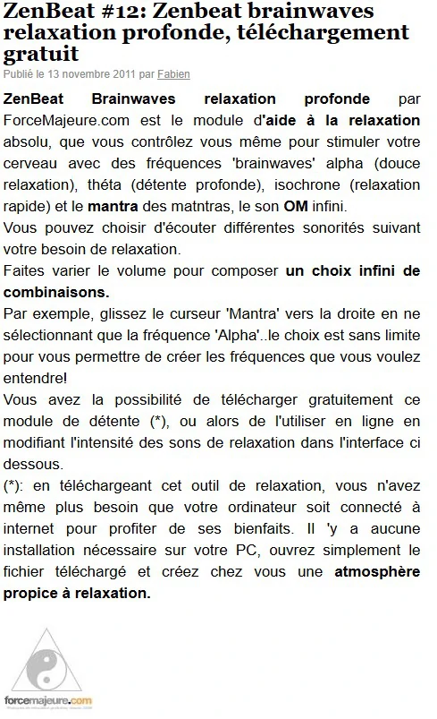 article à propos ZenBeat #12 de ForceMajeure.com en 2011