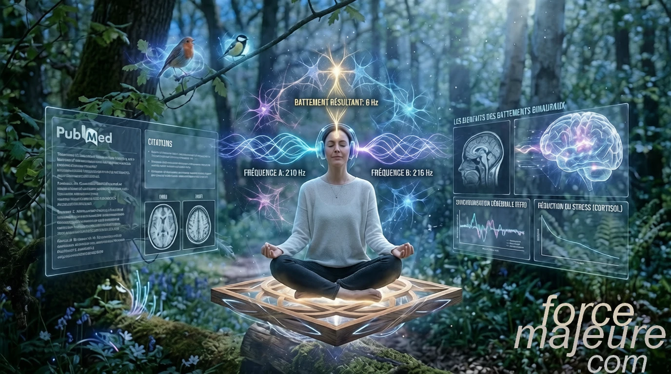 Cerveau synchronisé montrant les bienfaits des battements binauraux sur la méditation, la concentration, avec diagrammes fMRI et sources PubMed.