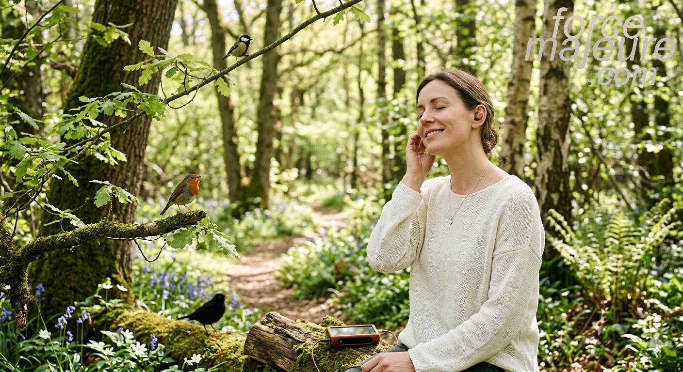 Femme relaxée écoutant le chant des oiseaux en forêt, illustrant les bienfaits de la sonothérapie naturelle.