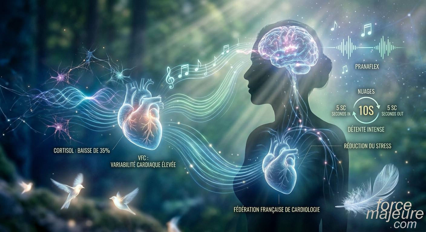 Illustration poétique et bio-digitale montrant un flux lumineux entre un cœur et un cerveau pour représenter les bienfaits de la cohérence cardiaque.