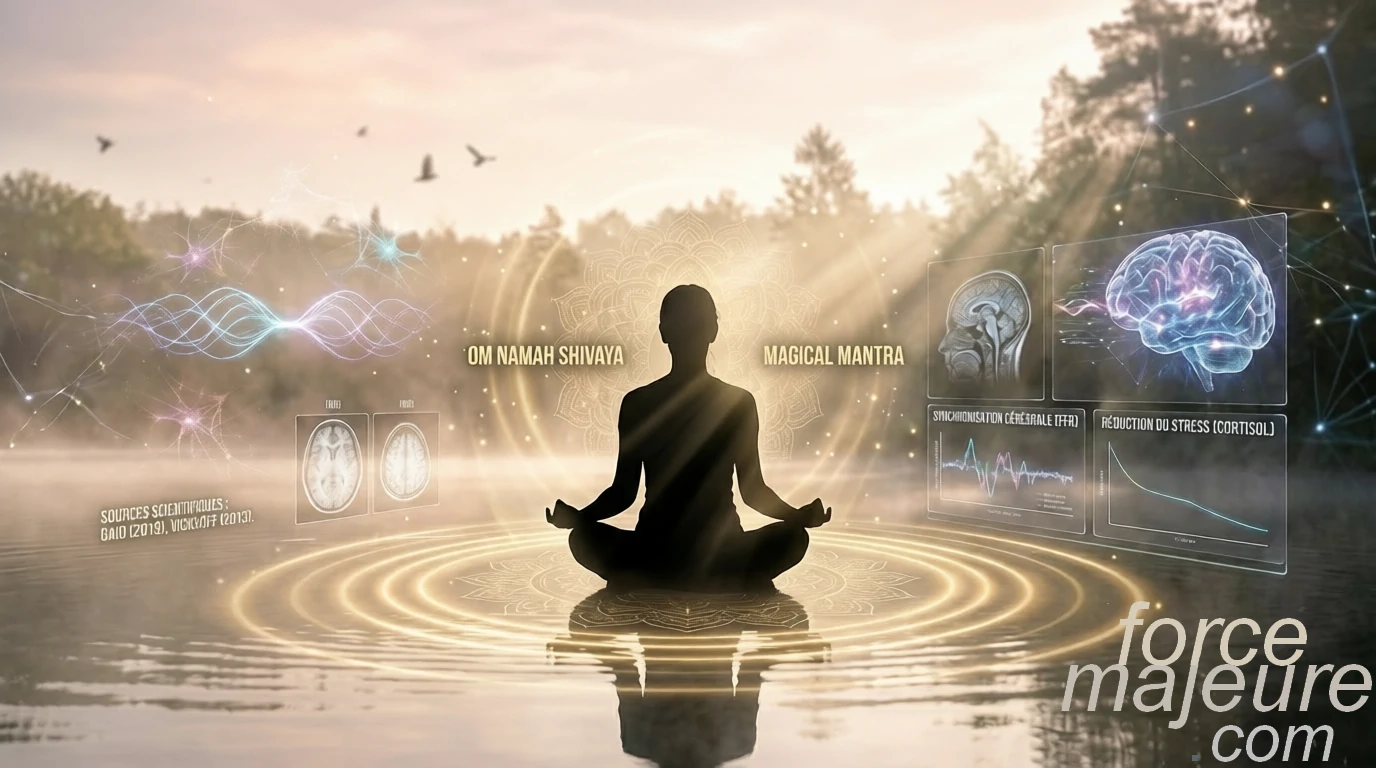 Silhouette méditant face à une aube brumeuse sur un lac, illustrant les bienfaits des mantras par des ondes sonores dorées et des mandalas subtils.