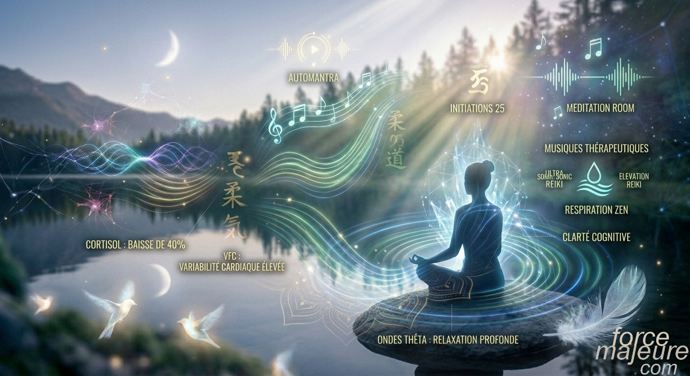 Illustration éthérée montrant une silhouette en méditation profonde entourée d'ondes de lumière cristalline et de cercles vibratoires concentriques, symbolisant les bienfaits de la méditation sonore.