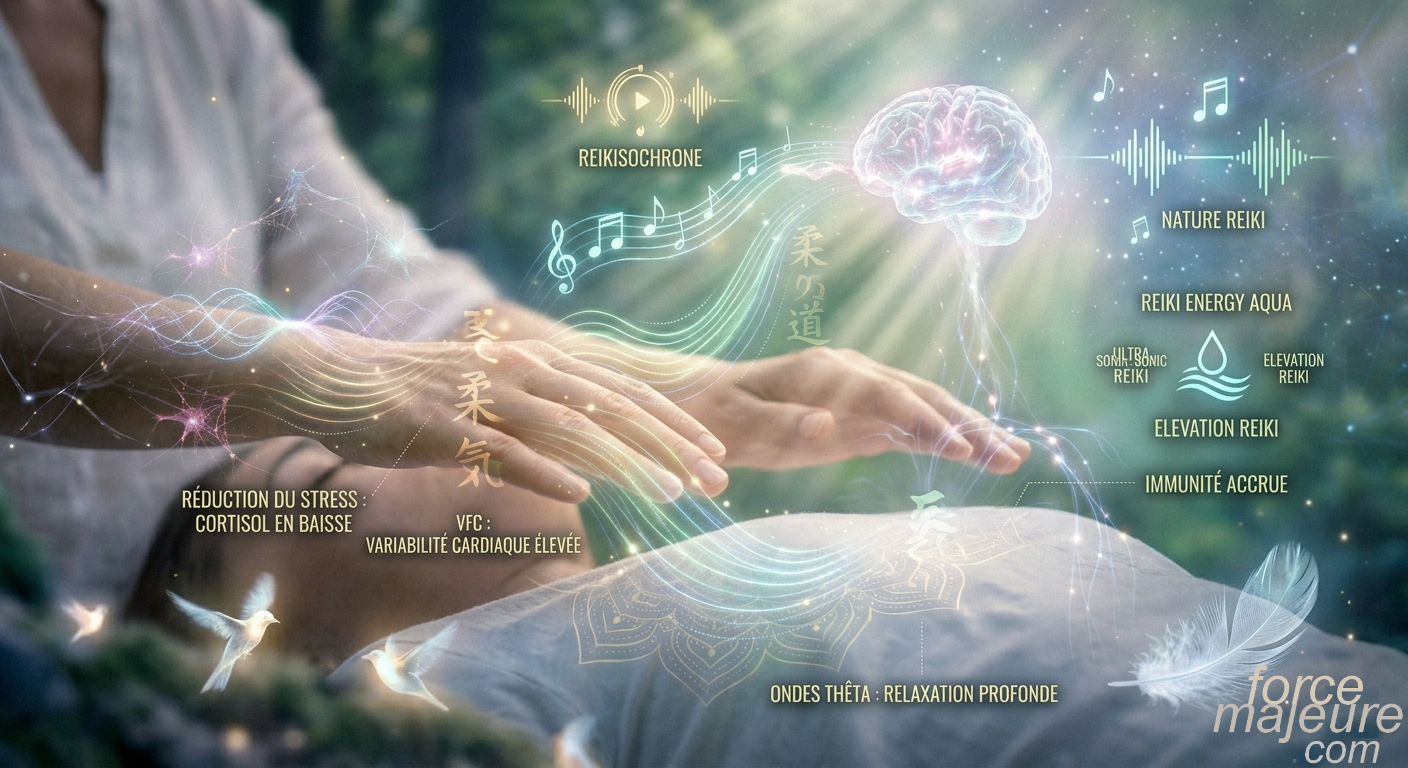 Illustration éthérée et photo-réaliste montrant des mains en position de soin entourées de flux lumineux ondulants pour représenter les bienfaits de la musique Reiki.