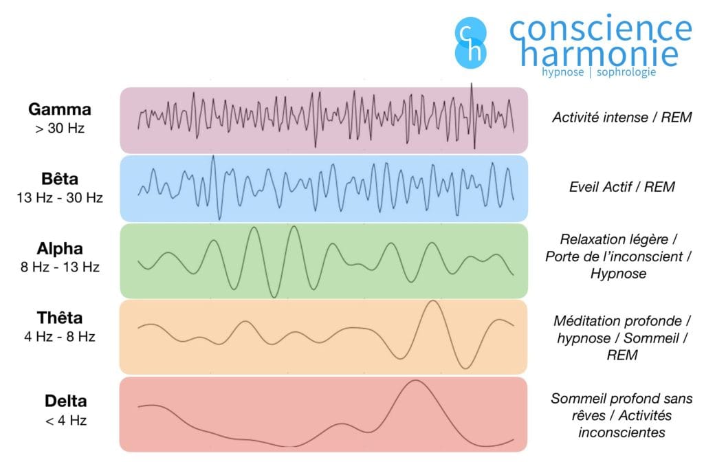 les différentes fréquences cérébrales et les états de conscience correspondants, par Conscience Harmonie, hypnose et sophrologie