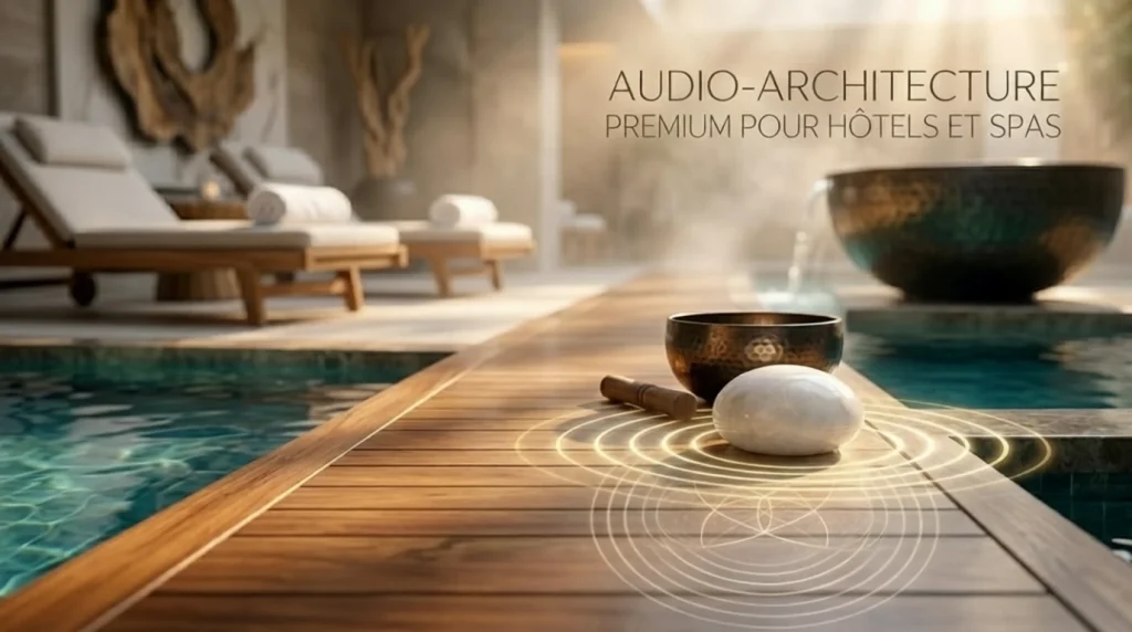 Ambiance spa de luxe avec piscine intérieure, transats en bois et ondes sonores symbolisant une architecture audio premium et relaxante.