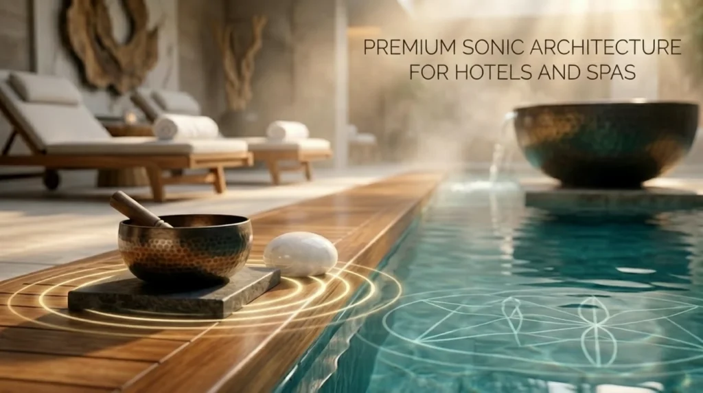 Luxury spa interior with wooden lounge chairs, an indoor pool, and sound wave ripples representing premium audio architecture and relaxation.