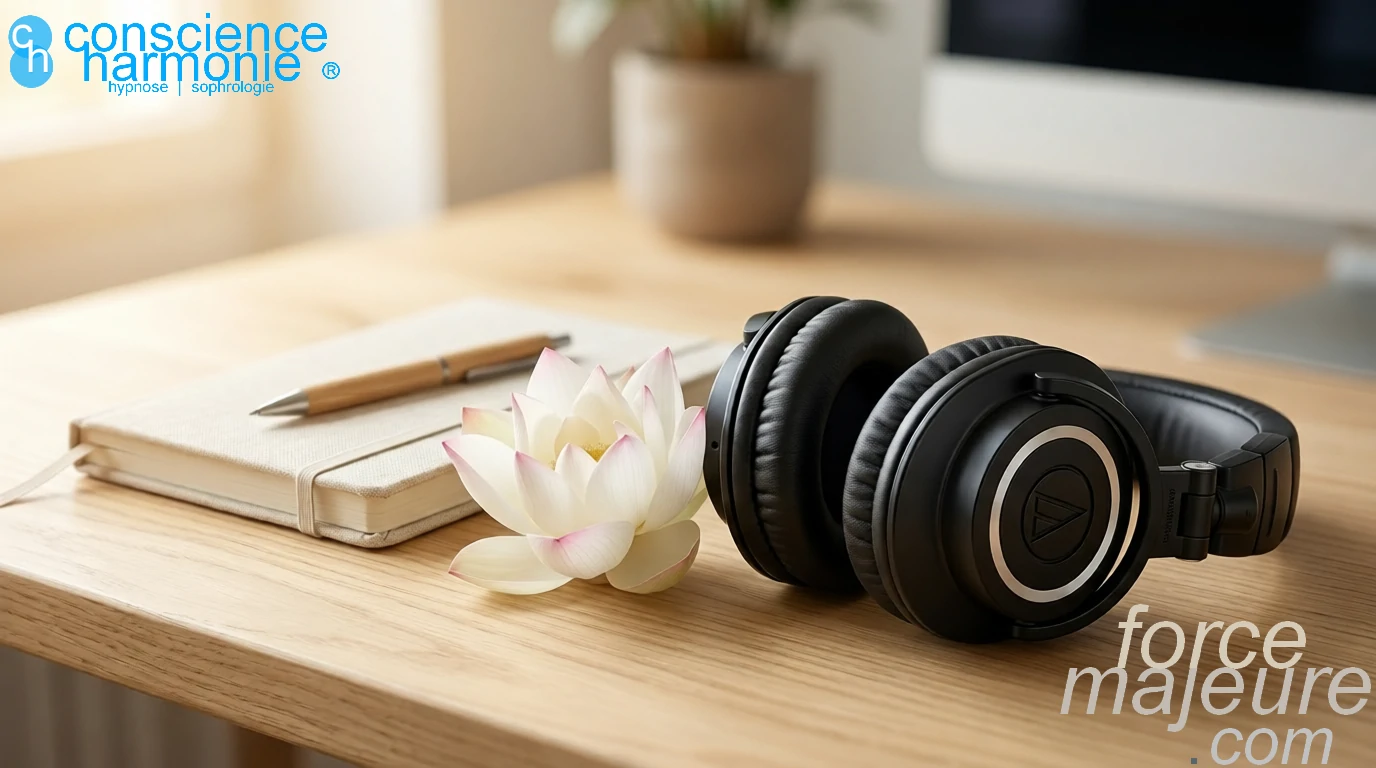 Casque audio professionnel, fleur de lotus blanche et carnet de notes sur un bureau en bois clair baigné de lumière naturelle.