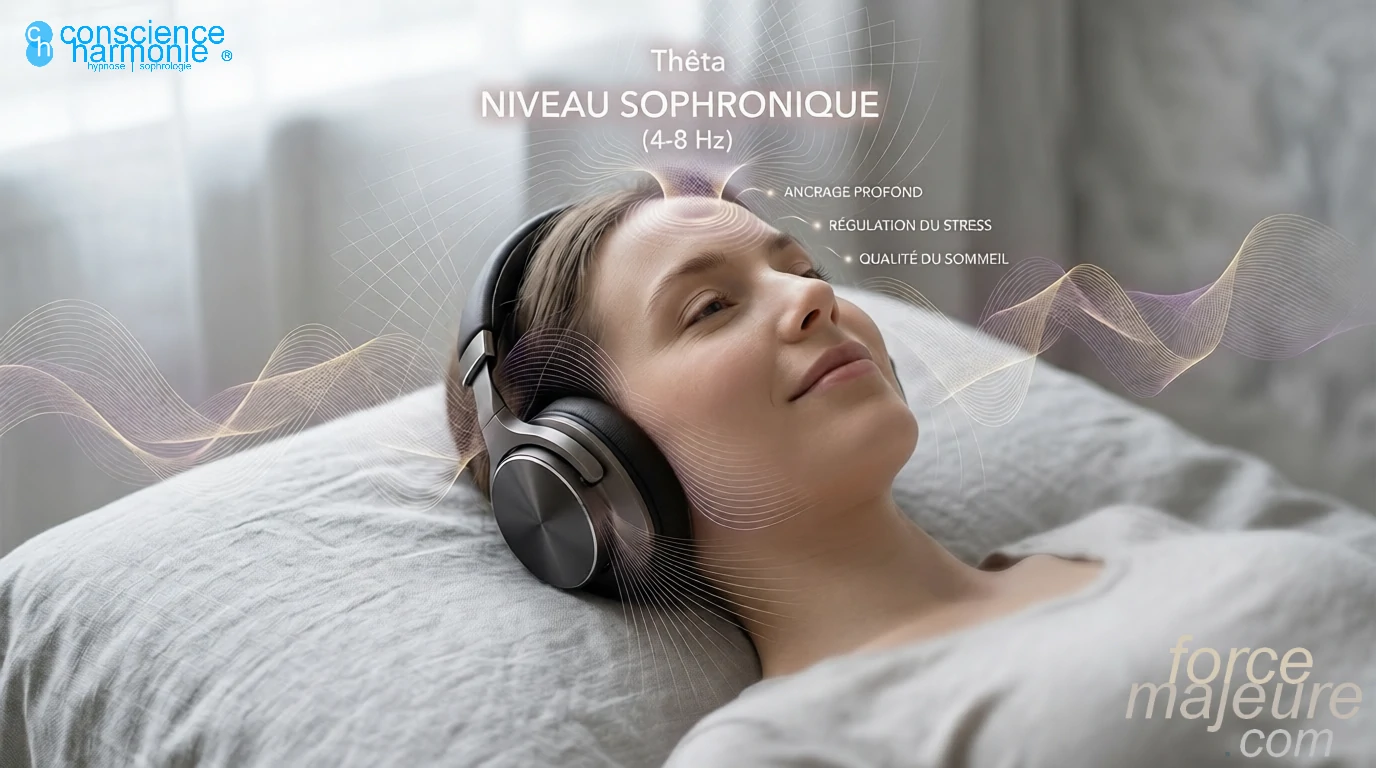 Image d'une séance d'hypnose avec casque neuro-acoustique : ondes Thêta (4-8 Hz) guidant le cerveau vers la transe.
