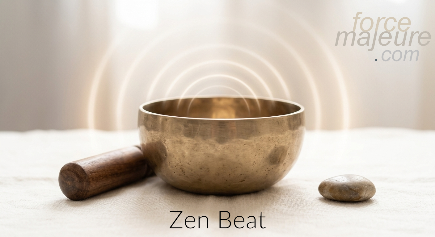 Minimalist illustration of a Tibetan singing bowl with glowing sound waves for Zen Beat meditation.