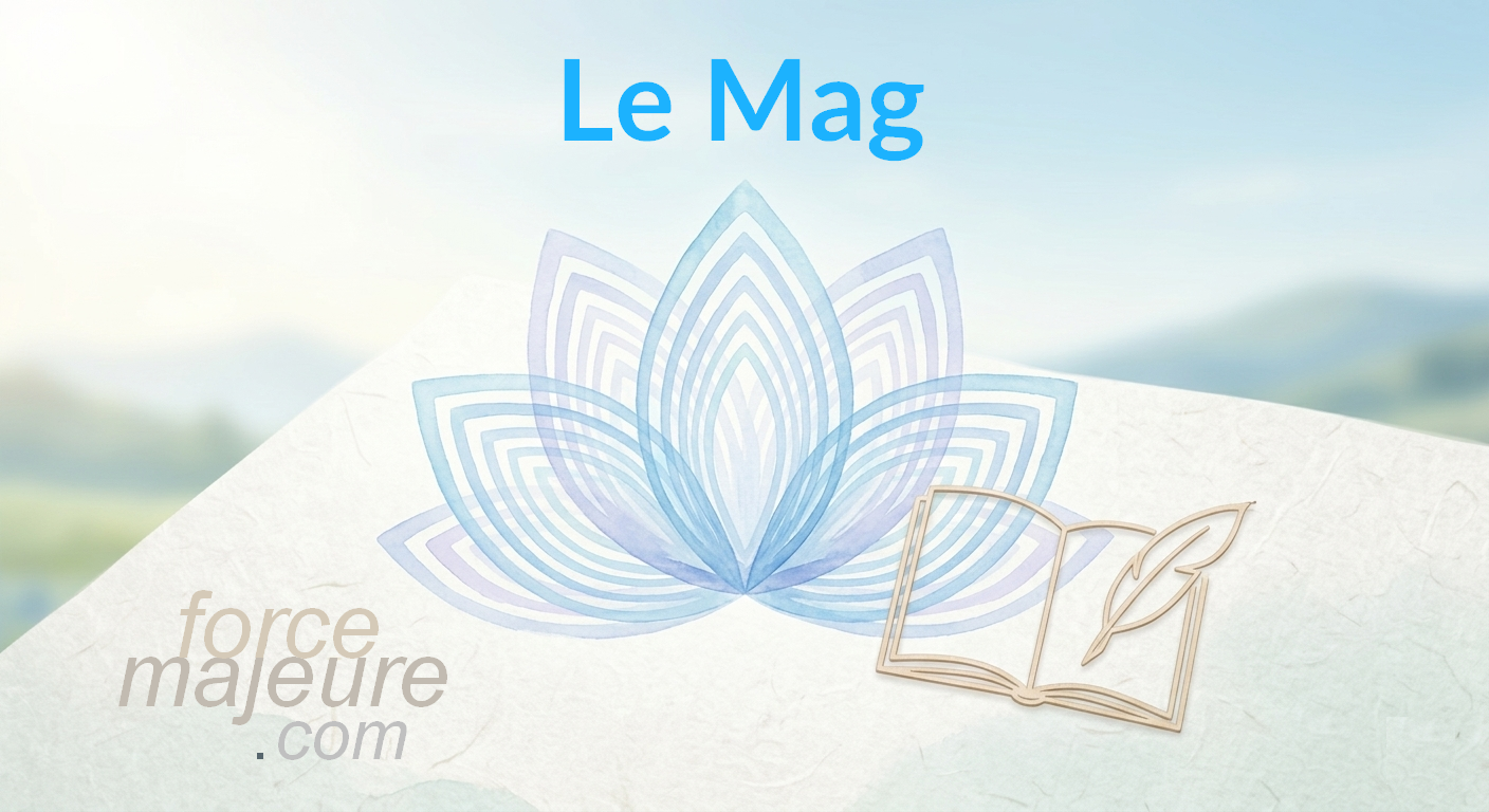 Illustration zen avec fleur de lotus et icône d'écriture pour Le Mag Force Majeure
