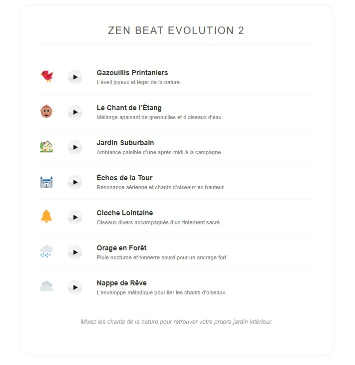 Capture d'écran de ZenBeat Evolution 2 : Mixeur d'ambiances de chants d'oiseaux et sons de la nature sur ForceMajeure.com.