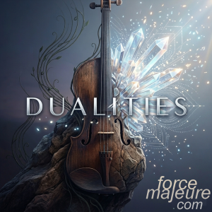 Pochette de l'album Dualities par Phoebus et NoSushi, montrant un violoncelle en bois fusionnant avec des cristaux de lumière pour une musique de relaxation et d'ambiance.