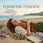 Femme sereine allongée sur une plage écoutant de la musique thérapeutique pour l'album Harmonie Féminine.