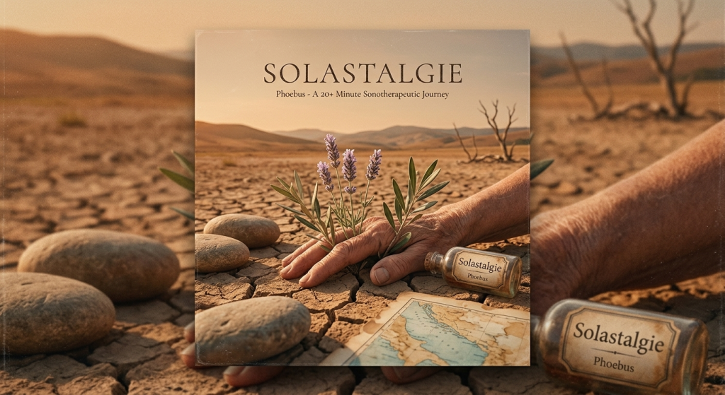 Pochette du single Solastalgie de Phoebus pour Force Majeure, représentant une plante qui pousse dans la terre craquelée sous une main bienveillante.