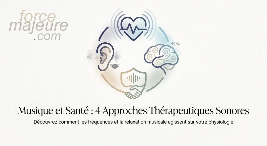 Illustration épurée représentant les bienfaits de la musique sur la santé : cohérence cardiaque, résonance gamma, hypertension et acouphènes.