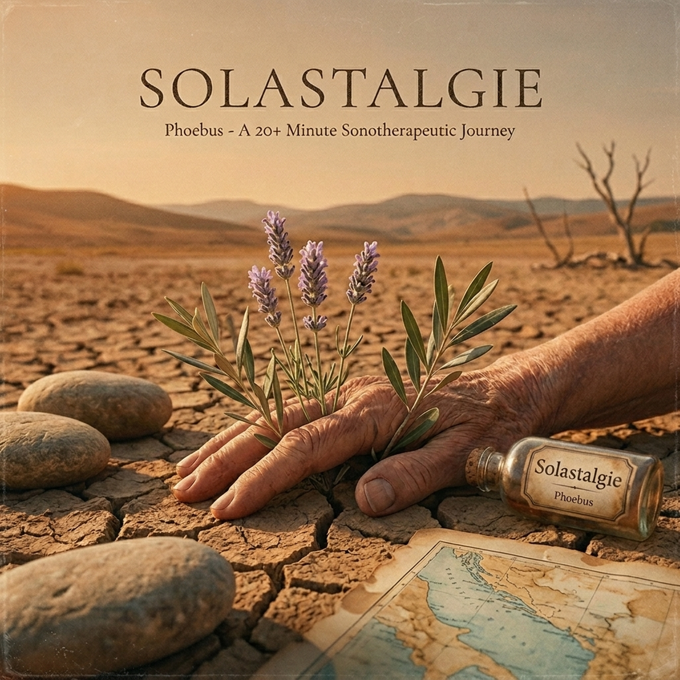 Pochette carrée du single Solastalgie par Phoebus pour Force Majeure représentant une main posée près d'une plante qui pousse dans la terre craquelée.