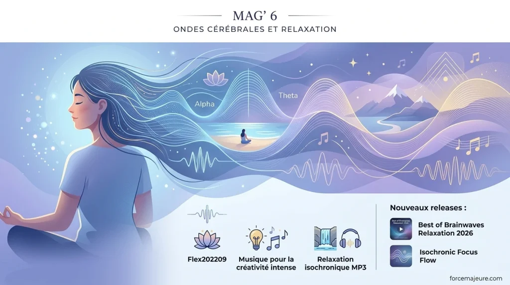 Illustration Mag 6 Ondes cérébrales et relaxation avec méditation et fréquences sonores Alpha et Theta ForceMajeure