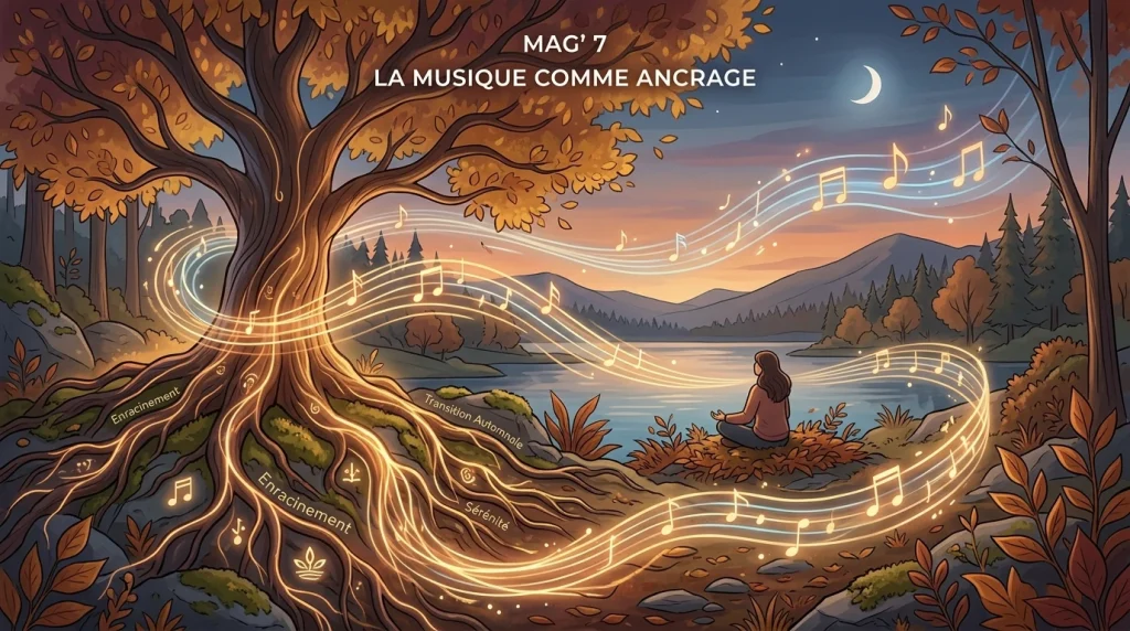 Illustration Mag 7 La musique comme ancrage avec arbre d automne enraciné méditation et portée musicale lumineuse ForceMajeure