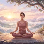 Femme pratiquant la méditation et le Pranayama au lever du soleil dans la nature
