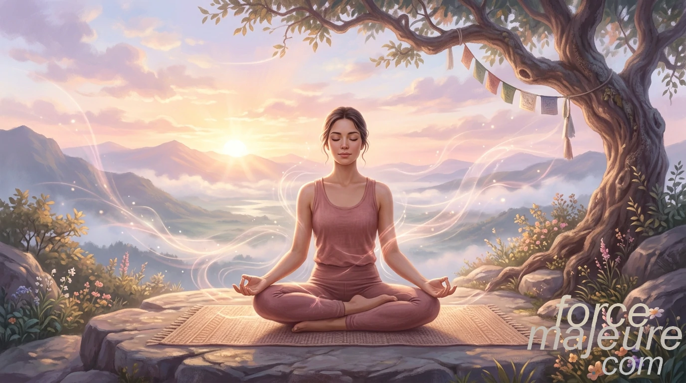 Femme pratiquant la méditation et le Pranayama au lever du soleil dans la nature
