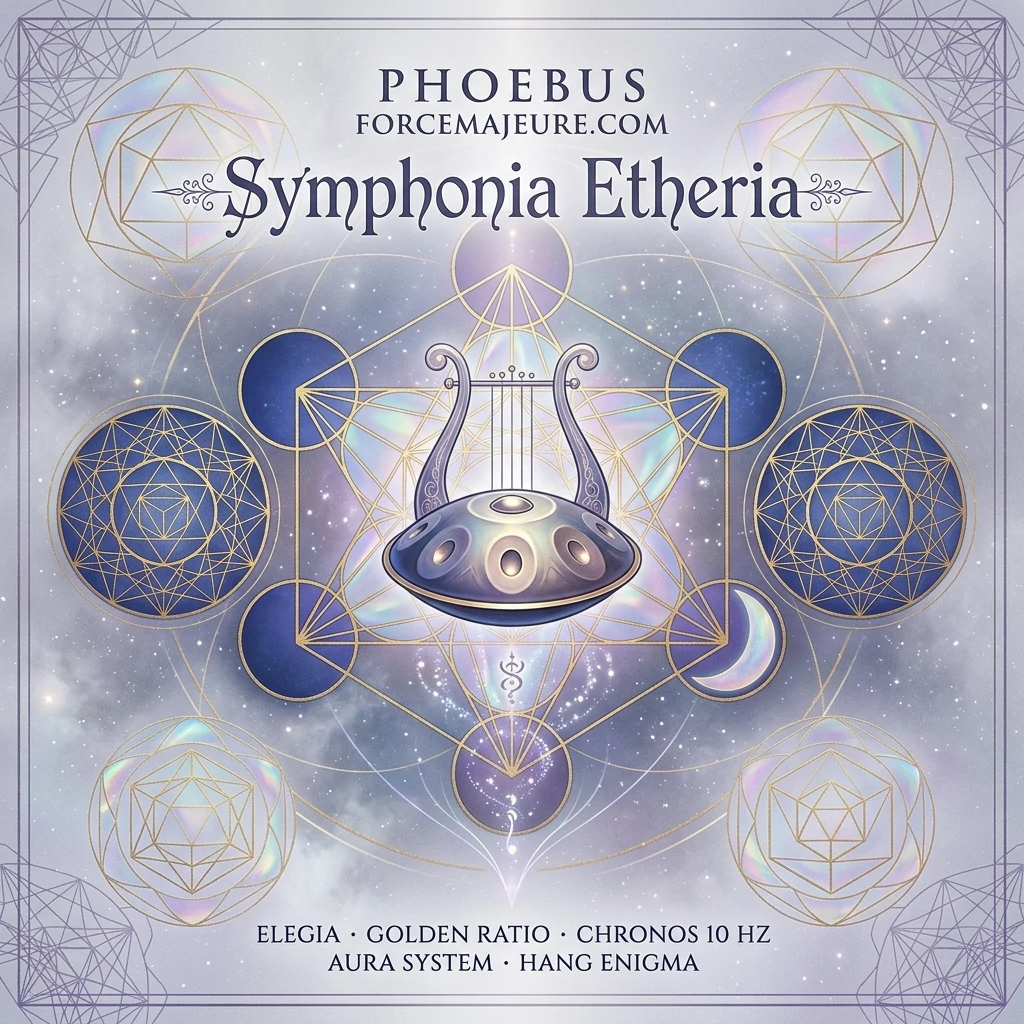 Pochette de l'album Symphonia Etheria par Phoebus sur ForceMajeure.com avec symboles de géométrie sacrée, lyre et hang drum